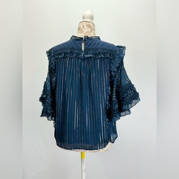 MISA LOS ANGELES Navy blue with gold stripe ruffle accent blouse size M - Picture 7 of 13